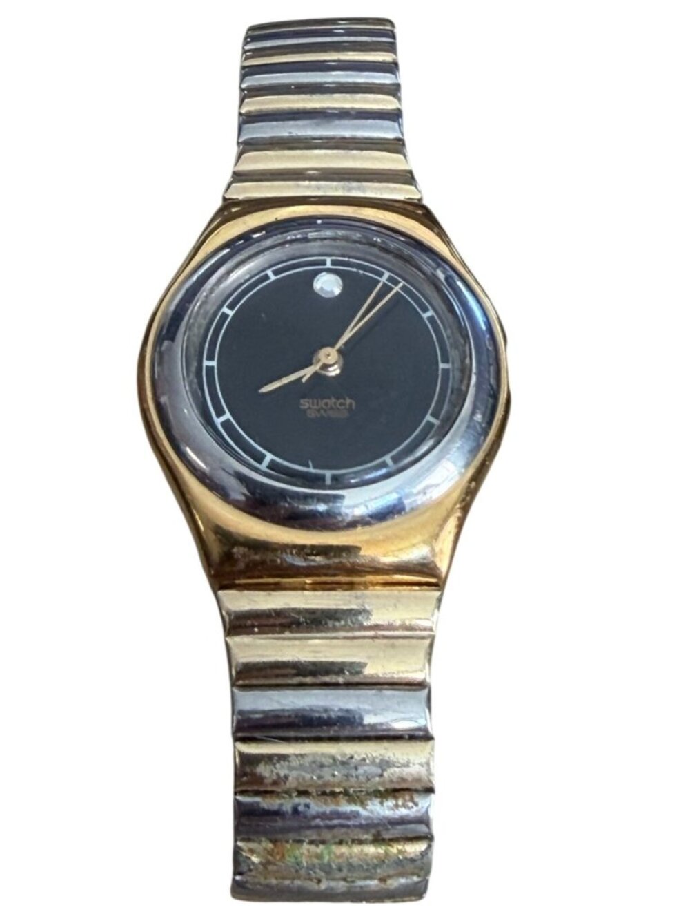 Vintage Ladies Swatch Irony Gold-Silver Tone Stainless Steel Black Dial